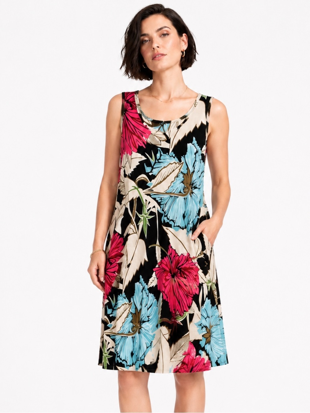 Tropical Dress Floral Print Pink Blue Black White Midi Size Large